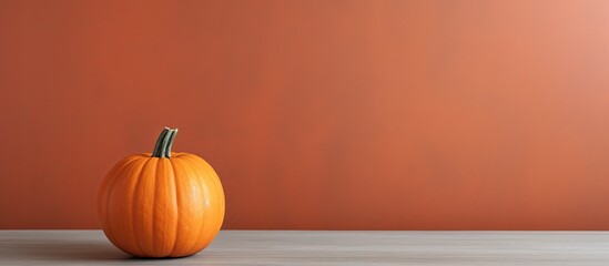 Canvas Print - A solitary, vibrant orange baby pumpkin displayed on a table with room for a copy space image.