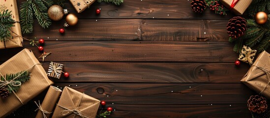 Poster - Wooden backgrounds featuring Christmas concepts arranged in a flat lay style, with ample copy space for personalized text or images.