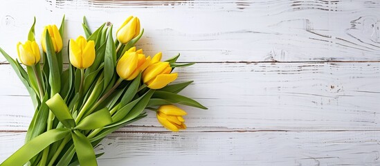 Aufkleber - Spring-themed bouquet of yellow tulips with a green ribbon, displayed in a close-up portrait on a white wooden backdrop, creating a charming copy space image