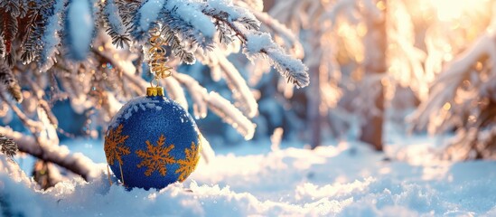 Poster - A blue and yellow Christmas ball with tinsel is hanging on a real pine tree in a snow-covered forest on a sunny day, creating a festive card with copy space image for New Year's greetings.