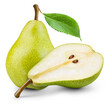 © Tim UR - Pear with leaf isolated png. Green pear with a half on transparent background. PNG format. Pear with slice no background. Full depth of field.