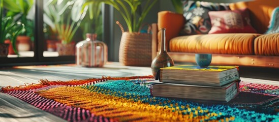 Aufkleber - Mockup of a book on a coffee table with decorations and a colorful rug, showcasing a template cover with copy space image.