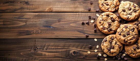 Poster - A wood background filled with sweet cookies featuring chocolate chips, oats, and other delectable treats, making it a tempting dessert option for tea with ample space for text or images.