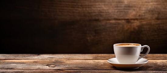 Aufkleber - Hot drink in a coffee cup on an old wooden surface with ample copy space image.