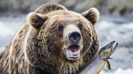  A large brown bear, holding a fish in its jaws, stands in the water with an open maw