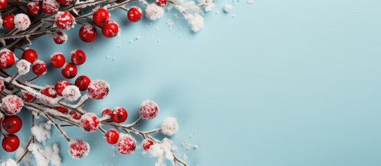 Poster - A festive winter scene with a snowflake and red berry frame on a soft blue backdrop, symbolizing Christmas and New Year. View from above with space for text or images