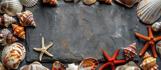 Fototapete - Seashells and starfish frame a stone background with a slate area for text or images. Perfect for a sea-themed summer holiday backdrop. Top-down view.