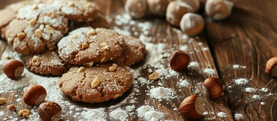Poster - Hazelnut cookies on a wooden surface with scattered hazelnuts and flour, ideal for a copy space image.