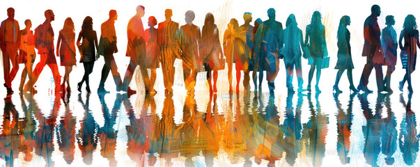 Wall Mural - A group of people walking in a line with some carrying briefcases. The image has a vibrant and lively feel to it, with the colors of the people and their surroundings creating a sense of energy