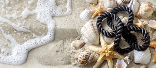Aufkleber - A marine-themed scene with seashells, starfish, and a nautical black and white knot on sandy beach with free copy space image.