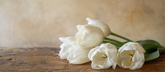 Canvas Print - A stylish white tulip arrangement displayed beautifully on a rustic wooden table against a beige backdrop, creating a soft and tender moment in the image with space for text.