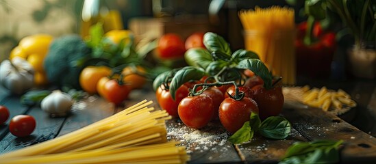 Sticker - Italian cuisine showcased with vegetables and pasta against a dark backdrop, inviting with a copy space image.