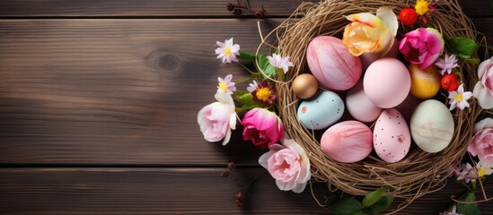 Poster - Easter holiday concept featuring Easter eggs in a basket and rope, adorned with paper flowers on a wooden background with copy space image.