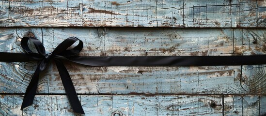 Poster - White wooden background with an empty blue label and black ribbon for your text or advertisement in a vintage, retro, or rustic style, including copy space image.