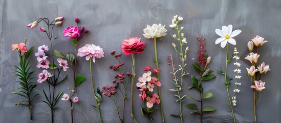 Aufkleber - A selection of spring blossoms displayed from above against a muted gray backdrop, with room for more elements. Attractive scene depicting summertime flowers.