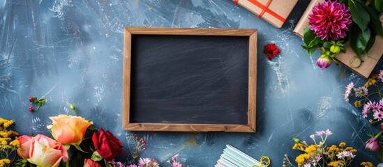 Canvas Print - Color background with a blank chalkboard, a bouquet of flowers, and stationery for a visually appealing copy space image.