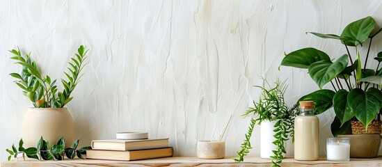 Aufkleber - Table with green houseplants, books, and aroma candles against a light background, suitable for a copy space image.