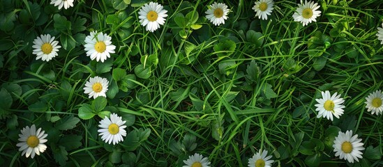 Poster - Daisies blooming in the lush green grass with an inviting copy space image for text or graphics.