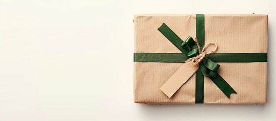Aufkleber - A plain brown gift box adorned with a green raffia ribbon and a label, all set against a white backdrop, ideal for a copy space image.