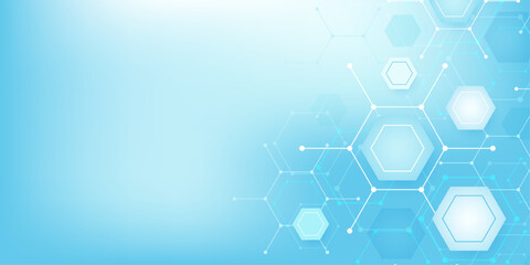 Wall Mural - modern health care abstract background with lines, dots and hexagons. medical innovation banner temp