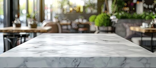 Aufkleber - Marble table on a desk with a blurred restaurant background, with copy space image.