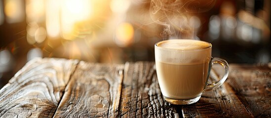 Aufkleber - A steaming latte placed on a rustic wooden table in a cozy cafe setting with a copy space image available.