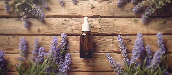 Canvas Print - A bottle for cosmetics placed on a wooden background with lavender flowers, featuring an empty copy space image for advertising.