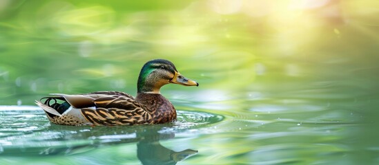 Wall Mural - Beautiful Mallard duck swimming in a serene pond with a scenic green lake background, ideal for wildlife and nature themes with a copy space image.