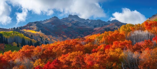 Poster - Autumn leaves blanket a picturesque mountain with vibrant colors, providing an ideal copy space image.