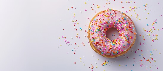 Poster - A bird's eye view of a donut topped with vibrant sprinkles displayed on a blank white backdrop, perfect for adding text in the copy space image.