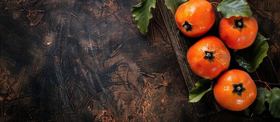 Poster - Top view of ripe persimmons fruit on a dark wooden board with copy space image.