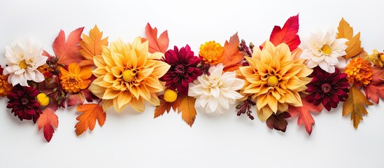 Aufkleber - Autumn-themed floral arrangement with fresh flowers forming a frame on a white background, representing the autumn/fall season, captured in a flat lay top view with space for text or images