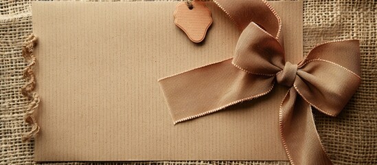 Aufkleber - Greeting card with handmade ribbon, bow, and blank tag on kraft paper background for a copy space image.
