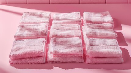 Wall Mural - a pink bathroom with a lot of towels on the counter