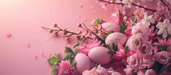 Fototapete - Easter greeting card featuring spring elements like flowers, rabbit, eggs, and traditional decor. Expresses holiday joy with a pink background, hard light, dark shadow, and space for text or images.