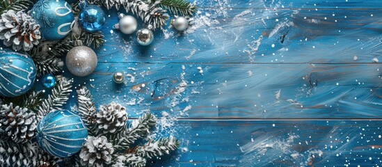 Poster - Top view copy space image with blue and silver decorations on a blue wooden background, creating a Christmas-themed scene with a snow frame.