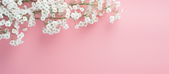 Aufkleber - Gypsophila flowers displayed on a soft-colored backdrop with a flat lay composition and top view perspective, providing an empty space for additional images or text.