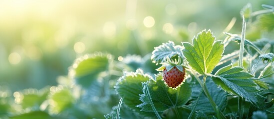 Aufkleber - Nature background featuring a closeup of wild strawberry plant leaves on a frosty morning with a copy space image.