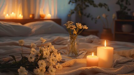 Beautifully decorated bedroom featuring two lit candles and white floral arrangements, creating a peaceful and serene setting ideal for relaxation and unwinding.