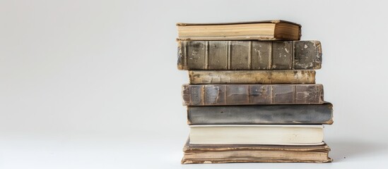 Poster - A close-up front view of seven stacked old shabby books on a white background with copy space image.