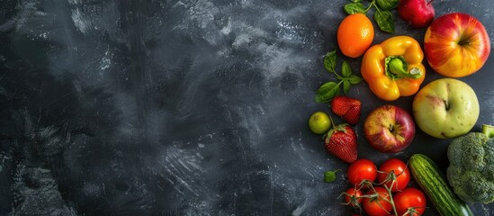 Sticker - Fresh, nutritious fruits and vegetables displayed on a chalkboard with copy space image.