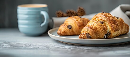 Poster - A croissant and a cookie are displayed on a plate on the table with a copy space image available.