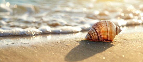 Aufkleber - Seashell resting on sandy beach with room for copy space image.