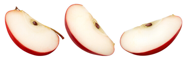 Apple slice isolated png. Red apple piece collection on transparent background. PNG format. Red apple slice set with no background. Full depth of field.