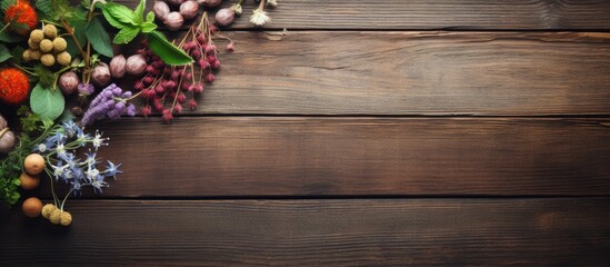 Canvas Print - Old wooden surface with herbal plants and medicine capsules, with copy space image.