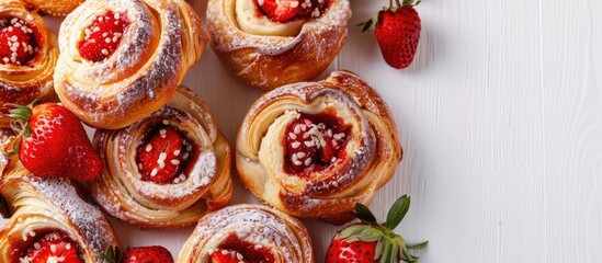 Poster - Strawberry bread rolls arranged in a heap with a white backdrop providing space for images.