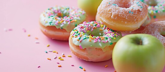 Poster - Close-up image of delicious donuts and a crisp green apple on a pink backdrop hinting at healthy eating, with ample copy space image.