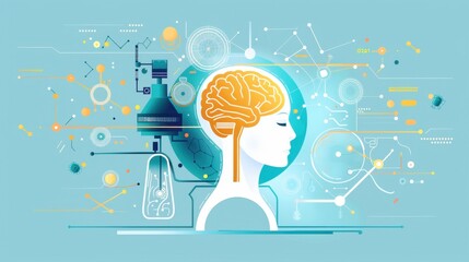 Scientific synergy, AI research integration, flat design illustration