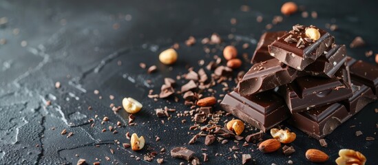 Poster - Close-up of a pile of dark chocolate with nut pieces on a black surface with a cup of cacao and a copy space image.