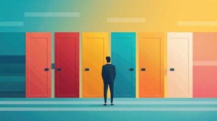 Wall Mural - scrutiny, options, thoughtfulness, person analyzing, looking at various doors, being thoughtful, fla